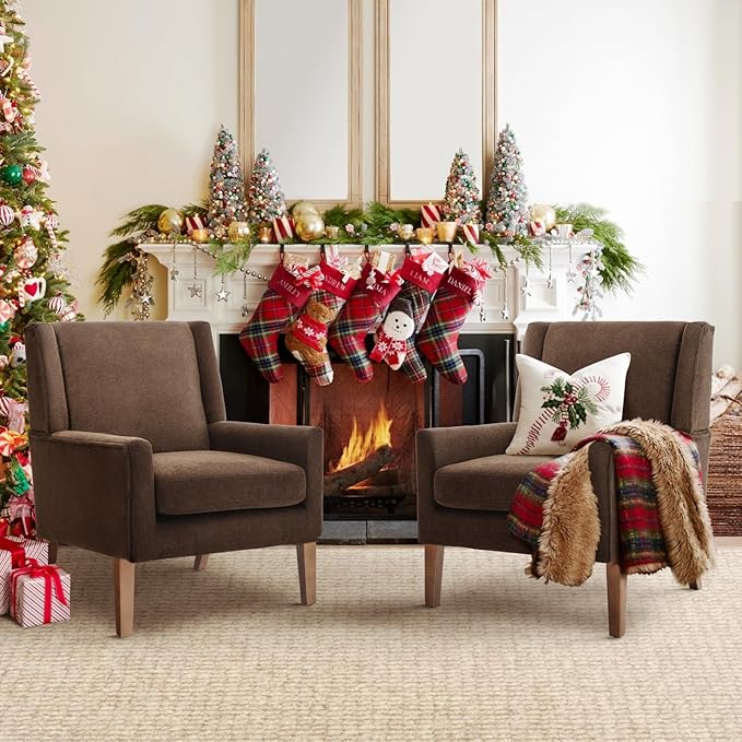 COLAMY Modern Wingback Living Room Chair Set of 2, Upholstered Fabric Accent Armchair, Single Sofa Chair with Lounge Seat and Wood Legs for Bedroom/Office/Reading Spaces, Brown