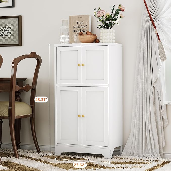 White Bathroom Floor Cabinet, Metal Storage Cabinet with 2 Adjustable Shelves & 4 Doors,Freestanding Sideboard for Dining Room,Living Room, Home Office