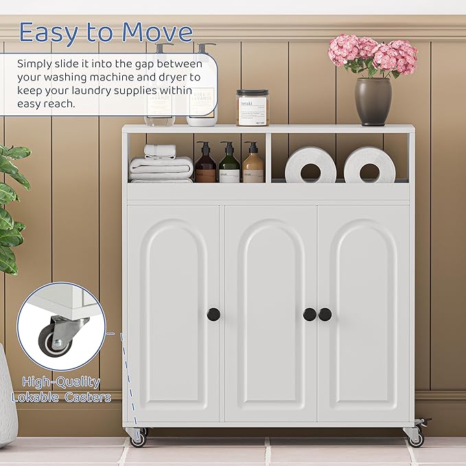 Bathroom Storage Cart with Doors,3-Door Cabinet & Divided Open Shelf,Rolling Organizer Cart for Bathroom, Toilet,White (1)