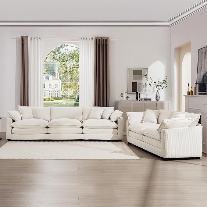 mikibama Luxury 2 Piece Sofa Set, 3-Seater & Loveseat Couch Set, Modern Corduroy Comfy Cloud Couches Set for Living Room Office with 4 Armrest Pillows and 5 Toss Pillows, Beige