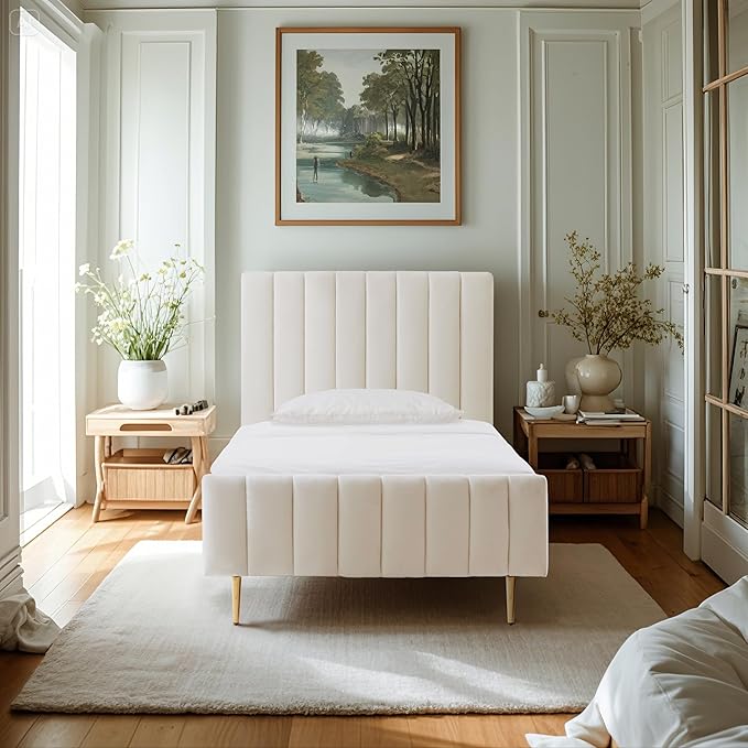 Livinia Twin Size Elton Velvet Platform Bed, Upholstered Bed Frame with Vertical Channel Tufted Headboard Footboard, Strong Wood Slats, No Box Spring Needed, Ivory (Twin)