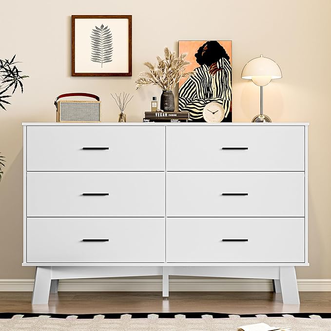 Dresser for Bedroom with 6-Drawer, 47.2" Modern Chest of Drawers with Metal Handles, X-Shape Base & Adjustable Center Leg, Anti-Tip Closet Organizers and Storage