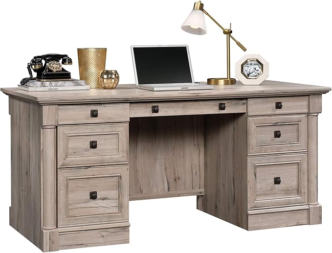 Sauder Palladia Office Desk with Drawers, Executive Desk with File Cabinet Storage, Cable Management, Keyboard Tray, in Split Oak Finish