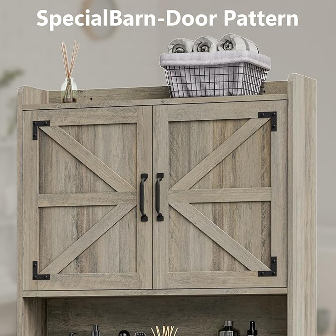 Vabches Over The Toilet Storage Cabinet, Farmhouse Storage Cabinet Over Toilet with 2 Barn Door & Toilet Paper Holder Stand,Home Space-Saving Toilet Rack, for Bathroom, Restroom, Laundry