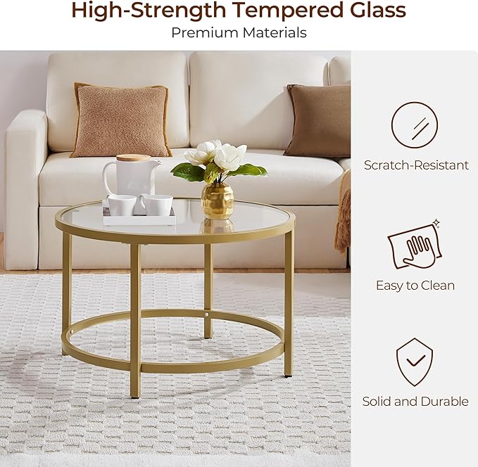 Yaheetech Gold Glass Coffee Table for Living Room, 27.6" Round Glass Coffee Table with Metal Frame, Circle Coffee Table for Home, Office, Apartment