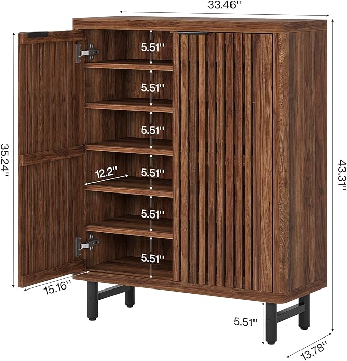 Tribesigns Shoe Cabinet with Shutter Doors, 6-Tier Entryway Shoe Cabinet with Adjustable Shelves, Wooden Modern Rack Organizer for Entryway, Hallway, Closet, Living Room, Walnut