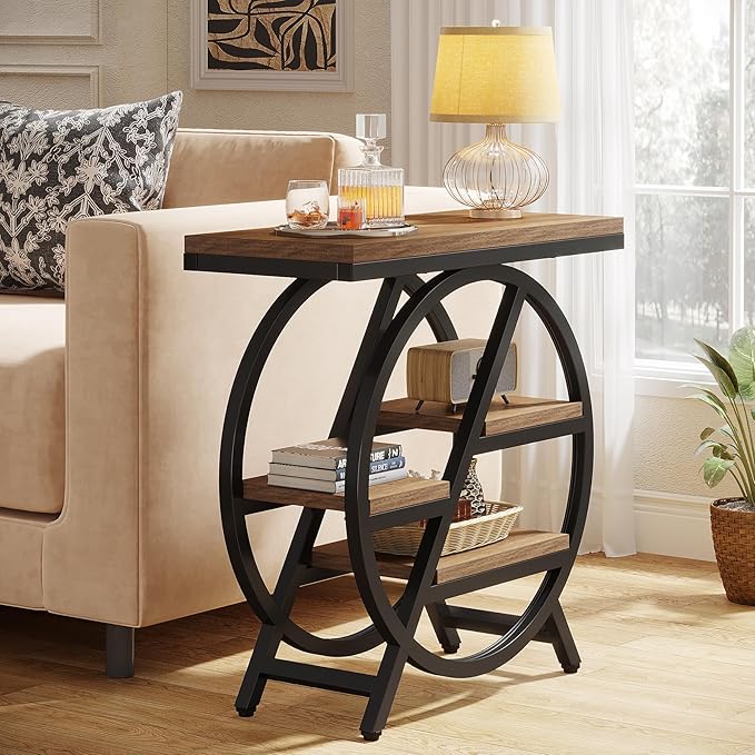 Tribesigns End Table for Living Room, 3-Tier Narrow Side Table with Storage, Wood Sofa Side Table with Geometric Metal Frame, Industrial Nightstand and Bedside Table for Bedroom, Light Brown