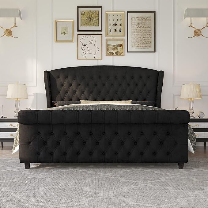 AMERLIFE Queen Size Platform Bed Frame, Velvet Upholstered Sleigh Bed with Scroll Wingback Headboard Footboard/Button Tufted/No Box Spring Required/Easy Assembly/Black