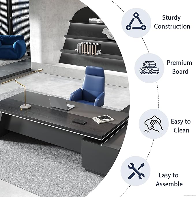 L-Shaped Black Executive Desk with Drawers, Large Modern Executive Office Desk with Storage Cabinets, Cable Box, Wide Desktop โ Home Office Desk (Left, 79" L * 63" W * 30" H)