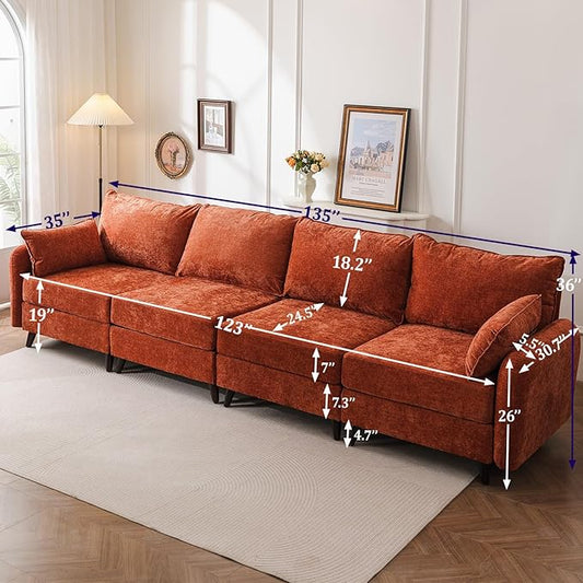 135'' Modular Sectional Sofa with All Seats Storage,Oversized 4-Seater Comfy Cloud Couches with Deep Seat,Big Couch for Living Room,Bedroom,Velet,Orange