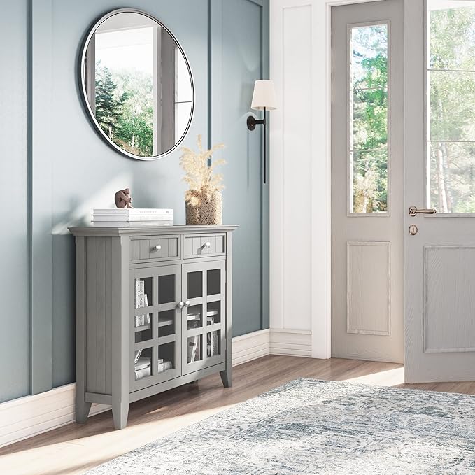SIMPLIHOME Acadian SOLID WOOD 36 Inch Wide Rustic Entryway Hallway Storage Cabinet in Fog Grey, For the Living Room, Entryway and Family Room