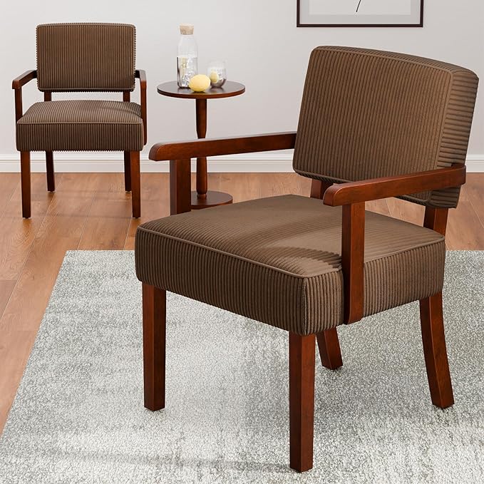 Corduroy Accent Chair Set of 2 with Table, Mid Century Modern Armchairs with Solid Wood Frame, Oversized Reading Leisure Chair (Corduroy Brown, Set of 2 with Table)