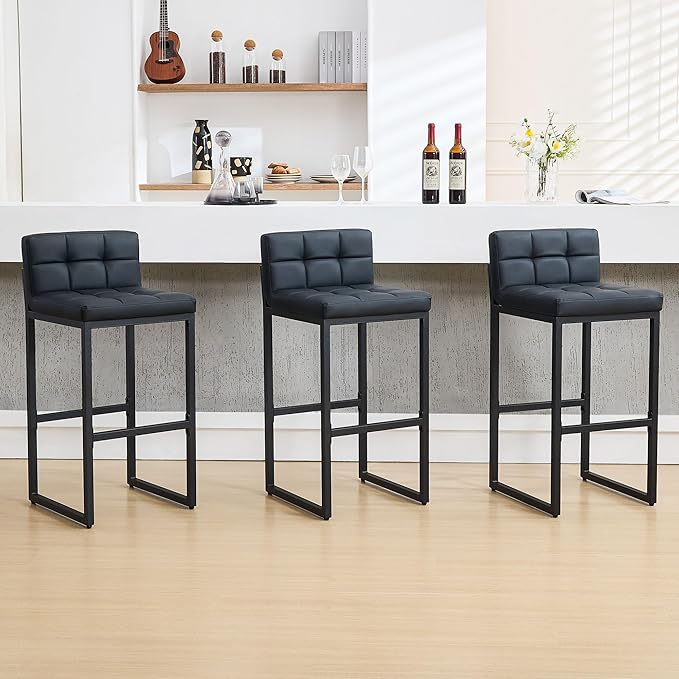 Bar Stools Set of 3, PU Leather Bar Height Barstools, 30" High Top Bar Stools with Back and Thickened Metal Legs, Upholstered Island Chairs for Kitchen Island (Black, 3Pcs 30" Bar Stools)