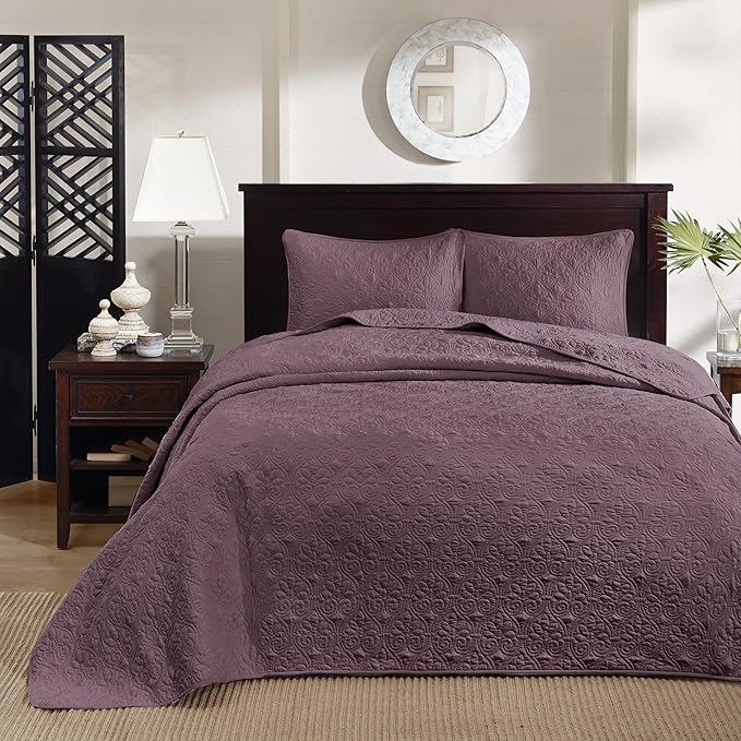 Madison Park Quebec Reversible Damask Design, Double Sided Quilting All Season, Lightweight Coverlet Bedspread Bedding Set, Matching Shams, Queen(102"x118"), Purple