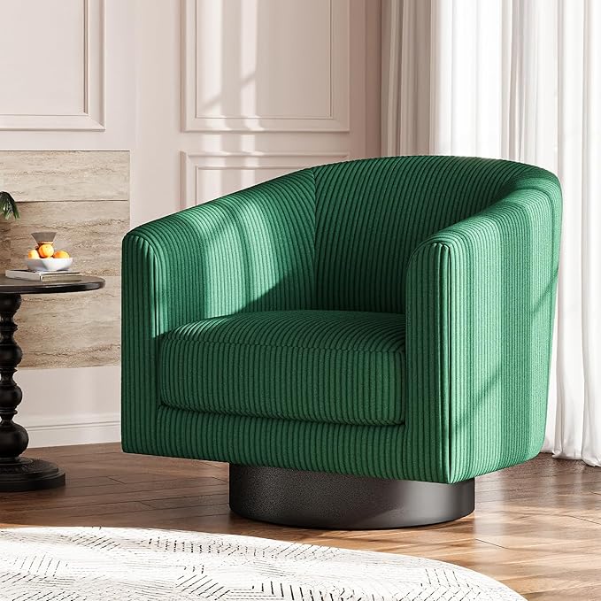 360Β° Swivel Accent Chairs, Modern Bucket Chair, Corduroy Barrel Armchair, Comfy Boucle Chair, Single Sofa for Living Room Bedroom. Green