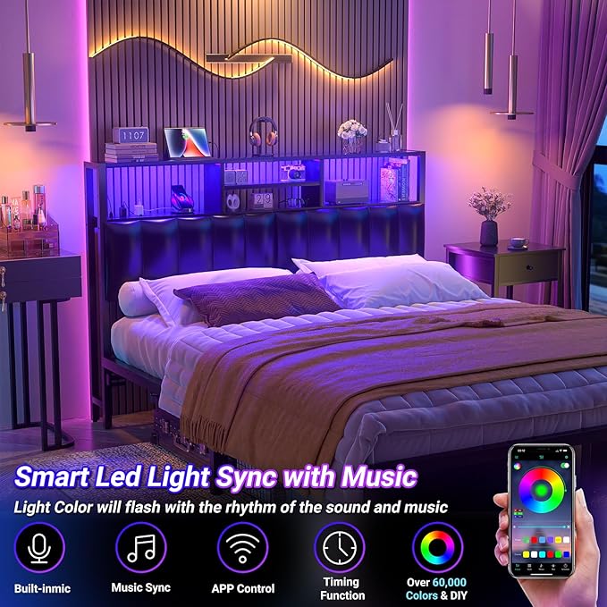 Aheaplus Headboard for Queen Size Bed with Storage, Upholstered Headboards with Outlets, USB Ports and LED Light, Reversible Queen Size Head Board, Height Adjustable, Comfortable Headboard, Black