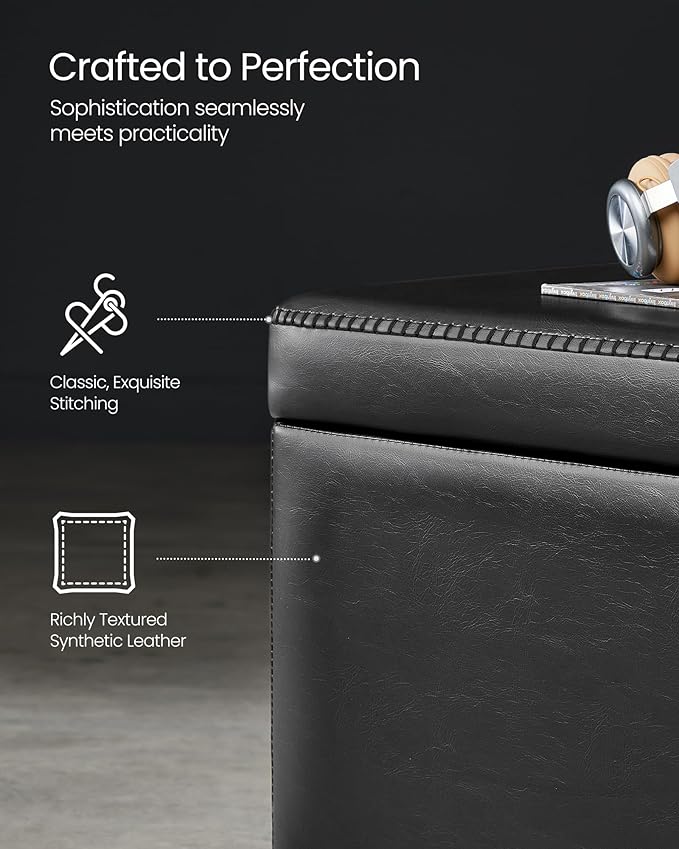 VASAGLE EKHO Collection - Storage Ottoman Bench, Entryway Bedroom Bench, 25 Gallons, Synthetic Leather with Stitching, Mid-Century Modern, Safety Hinges, Loads 660 lb, Ink Black ULOM075B01