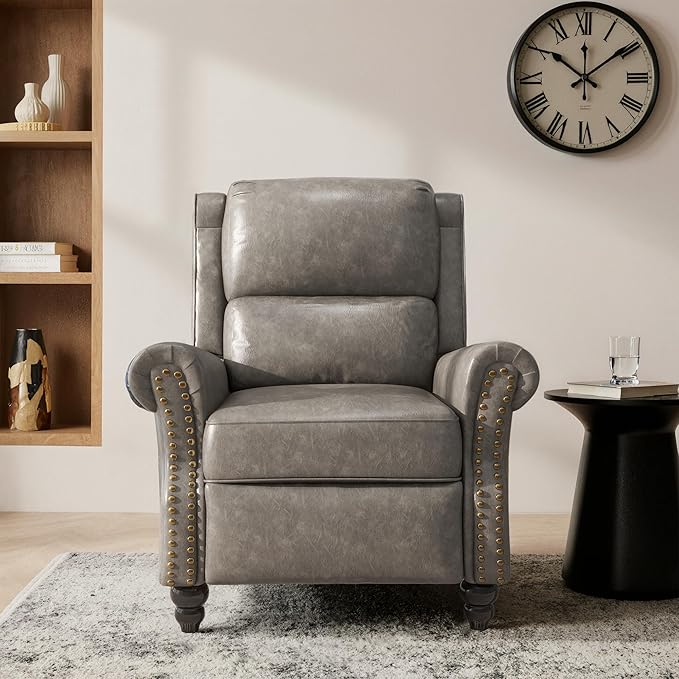 Lumibee Recliner Chair, Wingback Recliner Chair for Living Room, Modern Upholstered Faux Leather Pushback Armchair with Adjustable Backrest & Footrest for Small Spaces,Bedroom-Gray