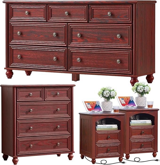 Farmhouse Dressers & Night Stand Set of 4, Wood 54" Wide Dresser & 35" Tall Chest of Drawers, 18" with Charging Station Nightstand Set of 2, Bedroom Furniture Dresser Set for Home Living Room Hallway