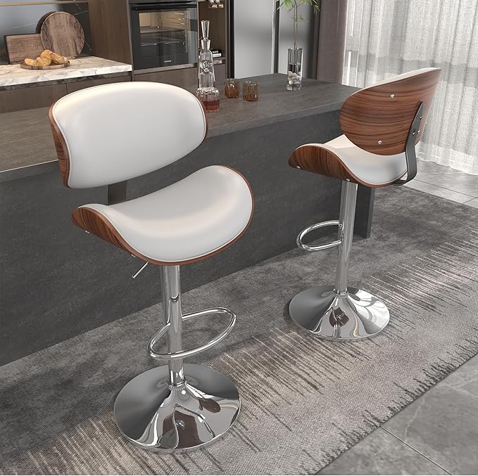 Bar Stools Set of 4, Bar Stools for Kitchen Island with Bentwood Back and Leather Seat, Swivel Barstools for Kitchen Counter, Bar, White