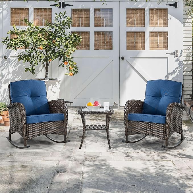 HUMMUH 3-Piece Outdoor Rocking Chairs,All-Weather PE Wicker Patio Rocker Chairs Bistro Set with Side Table,Porch Balcony Furniture with Cushions