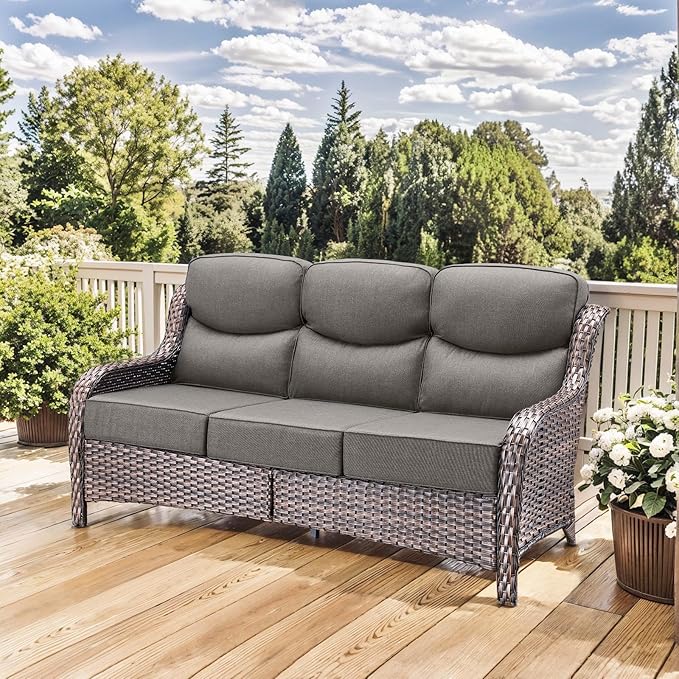 HUMMUH 6 inch Thick Cushion Wicker Patio Furniture Set with Outdoor Swivel Rocker Patio Chairs,High Back Outdoor Couch and Coffee Table for Porch Garden Deck