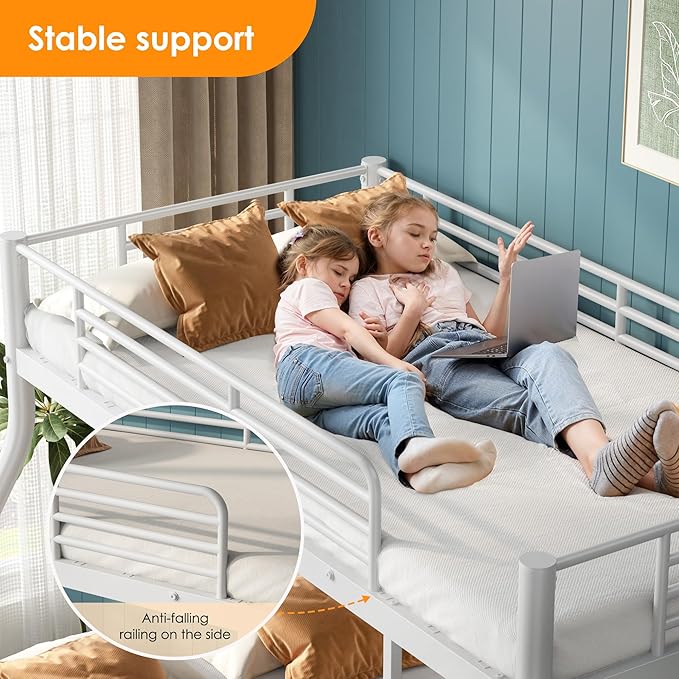 Bunk Beds Twin Over Full Size, Heavy Duty Bunk Beds with Bottom Space & Guardrail Metal Bunk Bed Frame for Adults - Dorm Bedroom Guest Room, No Box Spring Needed(Upgrate White)