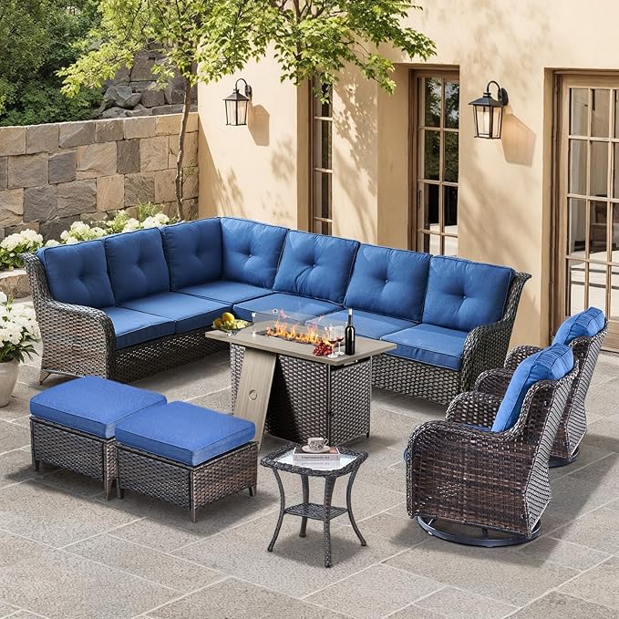 HUMMUH 8 Pieces Outdoor Patio Furniture Set with Fire Pit,L-Shaped Modular Sectional Couches with Swivel Patio Chairs,Wicker Conversation Set for Deck,Backyard,Porch,Garden