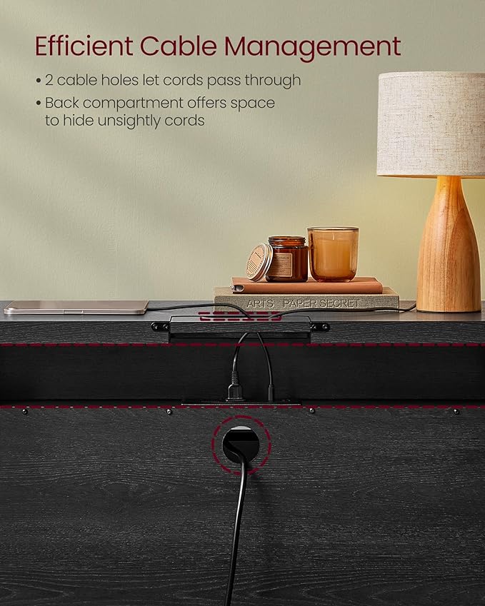 VASAGLE Console Table with Power Outlets, Entryway Table with Storage Shelf, Sofa Table with Drawer, Open Compartment, Rounded Corners, for Living Room, Boho Style, Ash Black ULNT140B21