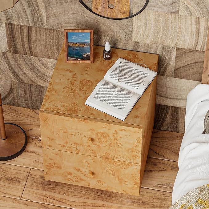 Modern 2 Drawer Nightstand Set of 2 with Elegant Burl Finish, Wood Bedside Table with Storage, Stylish Accent Side Table for Bedroom, Home Décor and Small Space Furniture