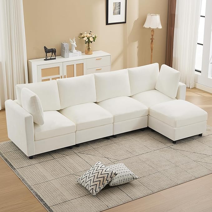 4-Seater Modular Sectional Cloud Sofa with Ottoman, Convertible L-Shaped Couch for Living Room, Modern Deep Seat Modular Sofa, Chenille Beige
