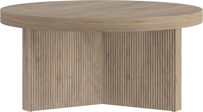 Henn&Hart 32" Fluted Round Low-Profile Coffee Table with Ribbed Pedestal Base for Living Room, Family Room, Office, or Apartment, Antiqued Gray Oak