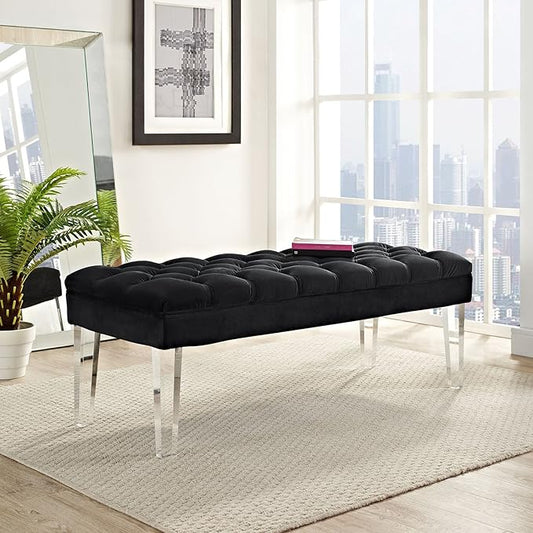 Modway Valet Tufted Button Performance Velvet Upholstered Bedroom Or Entryway Bench with Acrylic Legs in Black