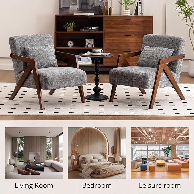 Mid-Century Modern Accent Chair Set of 2 with Solid Wood Frame,Upholstered Chenille Living Room Arm Chairs with Pillow for Bedroom, Living Room, Reading Room, Balcony, Grey
