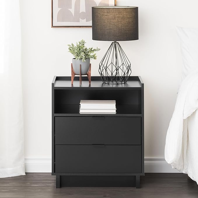 Prepac Simply Modern Nightstand Bedside Table, Black Nightstand for Bedroom, End Table with 2 Drawers and Open Shelf 23.75" W x 26.75" H x 16" D