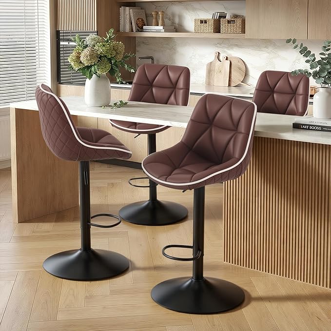 Nalupatio Bar Stools Set of 4, Adjustable Swivel Counter Height Bar Stools with Back, Armless Modern Barstools for Kitchen Island & Home Bar, Upholstered Seat,(Brown)