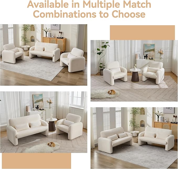 56'' Corduroy Loveseat Sofa, 2 Seater Love Seat Couch for Small Space, Comfy Upholstered Modern Leisure Loveseat Couches with Lumbar Pillows for Bedroom, Office, Living Room, White