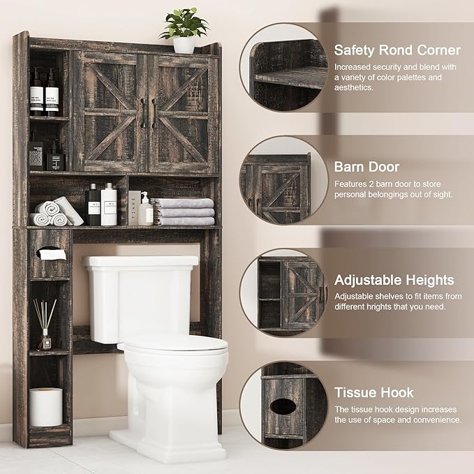 Over The Toilet Storage Cabinet, Farmhouse Storage Cabinet Over Toilet with 2 Barn Doors & Toilet Paper Holder Stand,Home Space-Saving Toilet Rack, for Bathroom, Restroom, Laundry