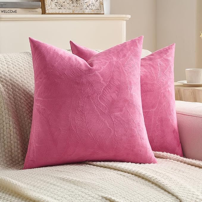 FUTEI Hot Pink Velvet Throw Pillow Covers 18x18 Inch Set of 2,Soft Embossed Leaf-Relief Textured Cushion Cases,Natural Home Decor for Couch Living Room