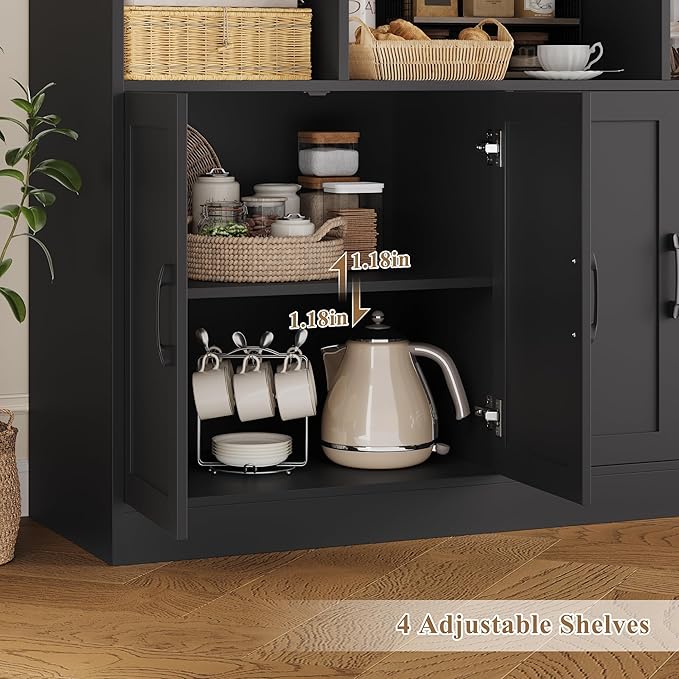 HORSTORS 71" Tall Storage Cabinet, Large Kitchen Cabinet with Deep Shelves and Doors, 47" Freestanding Display Shelf with Storage for Home Office, Living Room, Black