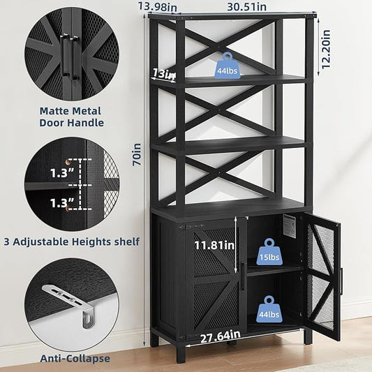 5 Tier Bookshelf 70" Tall Bookcase with Barn Doors,Large Farmhouse Display Book Shelf with Adjustable Shelves and Storage Cabinet, Wood Bookshelves for Living Room,Kitchen,Antique Black(2PCS)