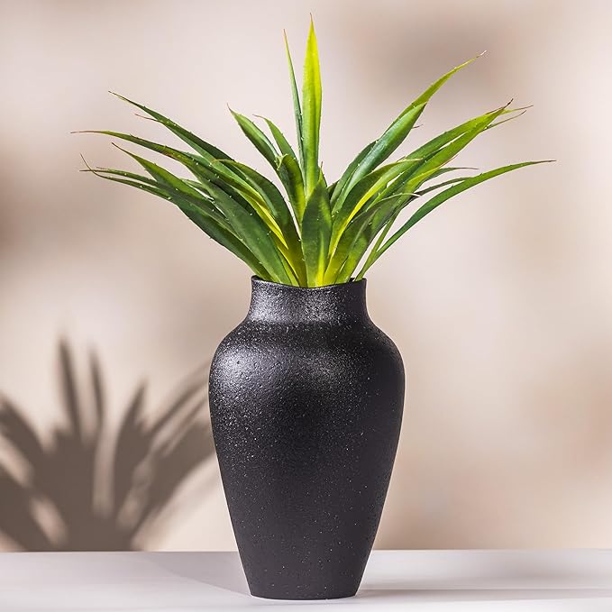 Succulents and Vase Black Textured Ceramic 10.5 Inch with Faux Aloe Plant 19 Inch Vases for Centerpieces Home Decor with Faux Aloevera Leaf Agave Plant in Decorative Vase for Entryway Decor