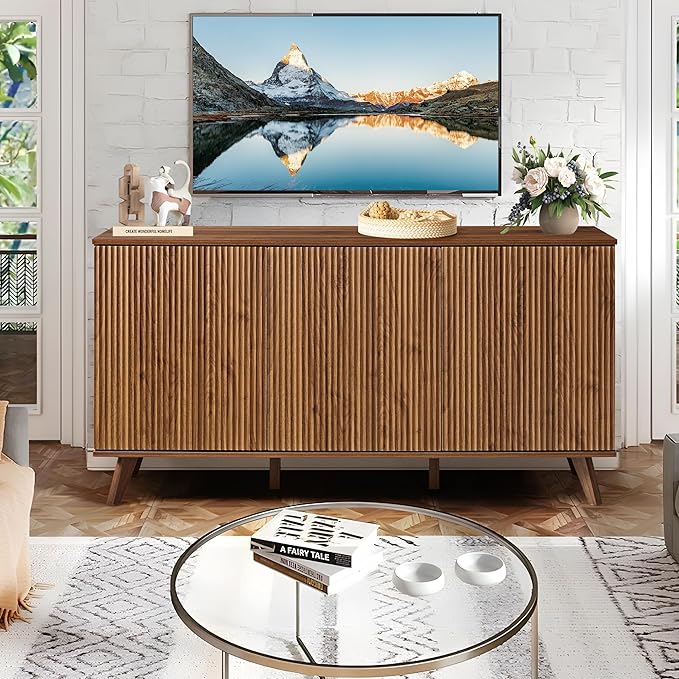 Fluted Sideboard Buffet Cabinet with Storage, Modern Storage Cabinet with 3 Doors, Wood Credenza Buffet Sideboards, Console Table for Kitchen Dining Living Room Entryway (Walnut)