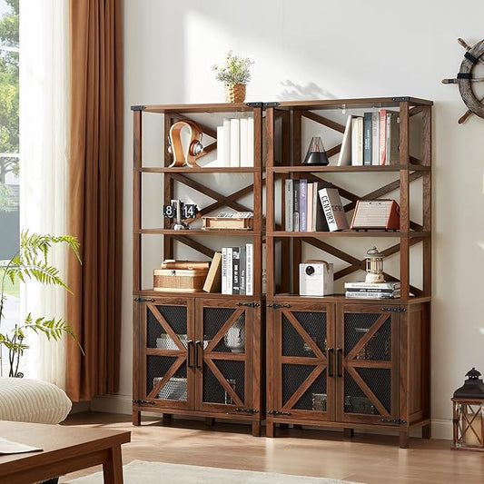 5 Tier Bookshelf 70" Tall Bookcase with Barn Doors,Large Farmhouse Display Book Shelf with Adjustable Shelves and Storage Cabinet,Library Wood Bookshelves for Living Room,Kitchen,Brown