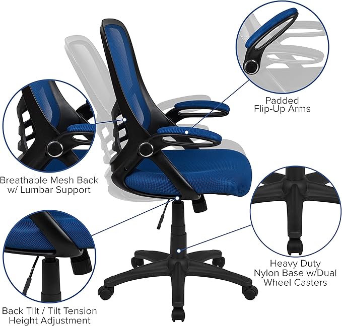 Flash Furniture Porter High-Back Swivel Office Chair with Adjustable Lumbar Support and Seat Height, Ergonomic Mesh Desk Chair with Flip-Up Armrests, Blue/Black