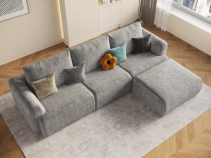 EASE MOOSE Sectional Cloud Couch for Living Room, L-Shaped Modular Boneless Sofa, Modern Cloud Sofa with Fluffy Foam, Oversized 4-Seater Deep Sofas with Ottoman for Apartment, Chenille (Light Grey)