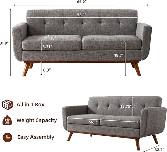 Tbfit Loveseat Sofa, 65" W Mid Century Modern Love Seat Small Loveseat for Bedroom, Button Tufted Upholstered Small Couch Sofa for Living Room, Grey