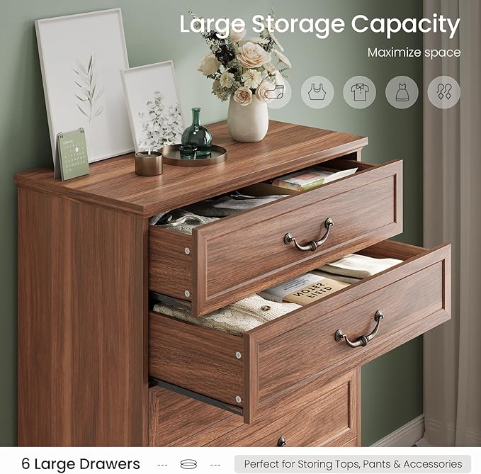 DICTAC Farmhouse 6 Drawers Dresser for Bedroom, 48.2" Tall Dressers Chest of Drawer, Large Storage Closet Organizer with Natural Texture and Vintage Metal Handle, Wooden Vertical Dresser for Hallway