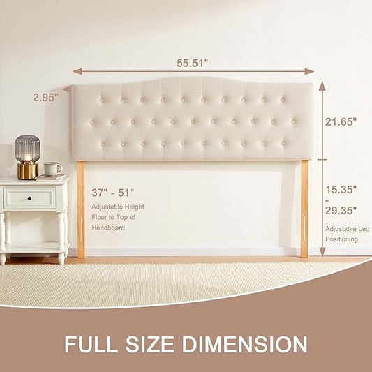Tufted Upholstered Headboard Full Size, Sturdy and Durable Solid Wood Full XL headboard, Fabric Headboard Adjustable Height from 37” to 51”, Modern Button Diamond Design Head Board, Beige