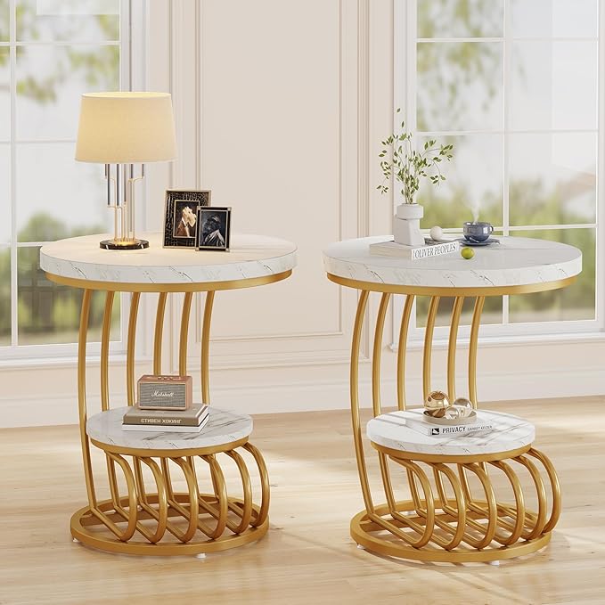 Tribesigns Gold Round End Table: 2 Tiers Side Table Set of 2 with Storage Shelf, Modern White Gold Bedside Nightstand, Metal Faux Marble Accent Table for Living Room